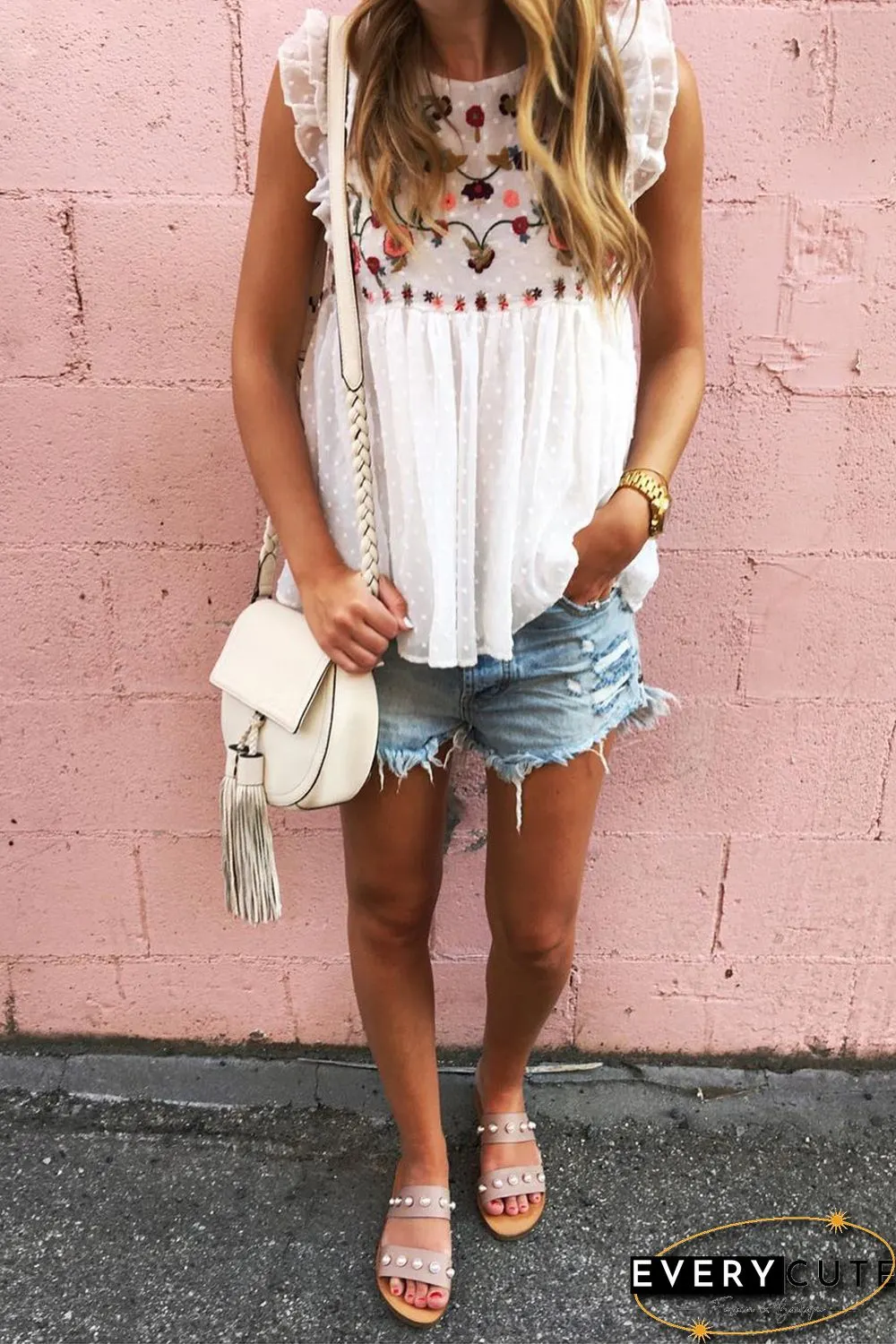 White Floral Embroidered Swiss Dot Ruffled Tank Top