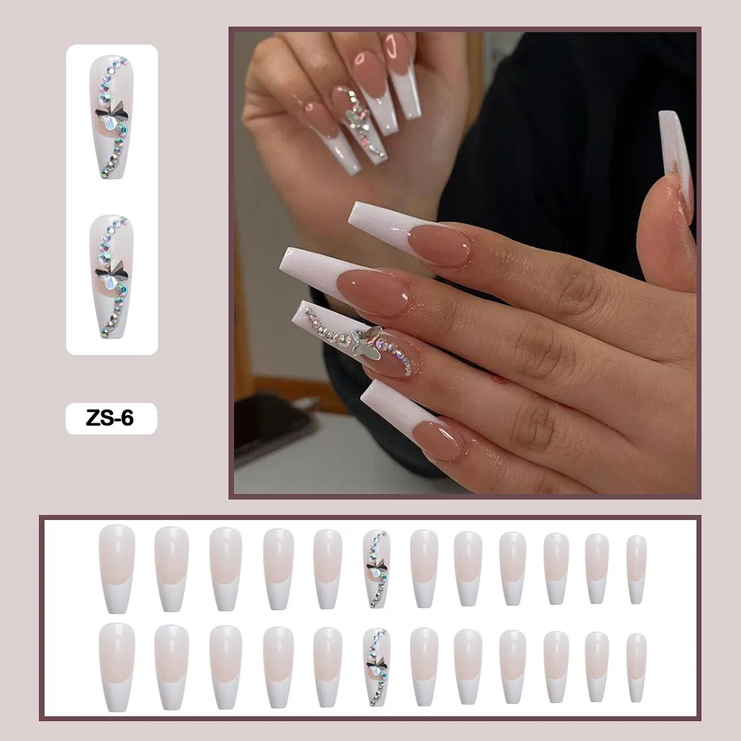 24PCS False Nails with Glue Rhinestones Long Trapezoid Detachable Pearl Stick on Nails Press on Nails Art With Wearing Tools-Nail Inspo