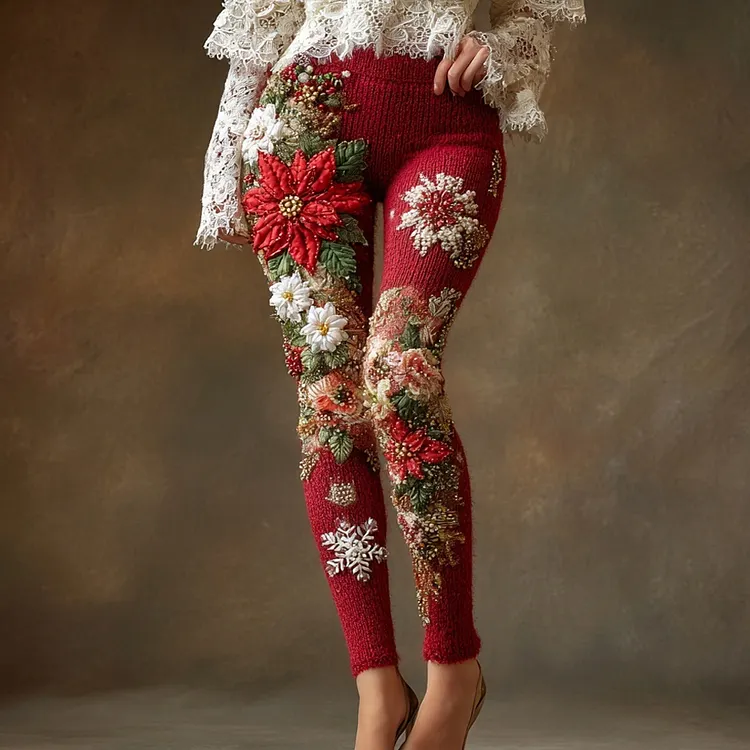 Christmas Poinsettia Embroidered Cozy Knit Leggings
