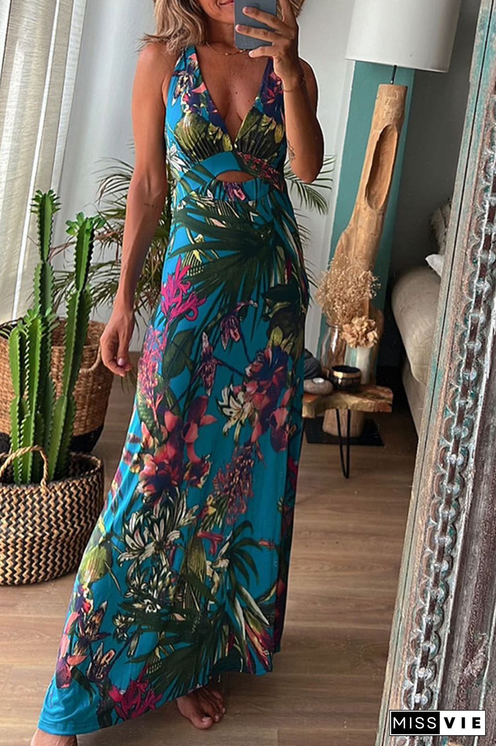 Sexy Vacation Floral Backless V Neck Printed Dress Dresses(3 Colors)