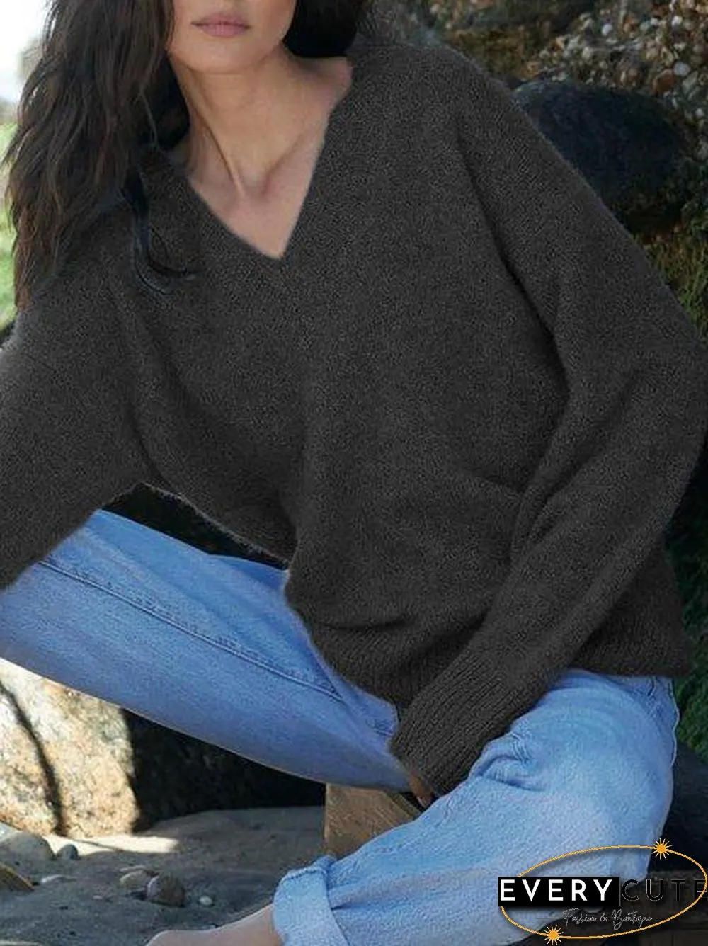 Shift Casual V Neck Solid Sweater