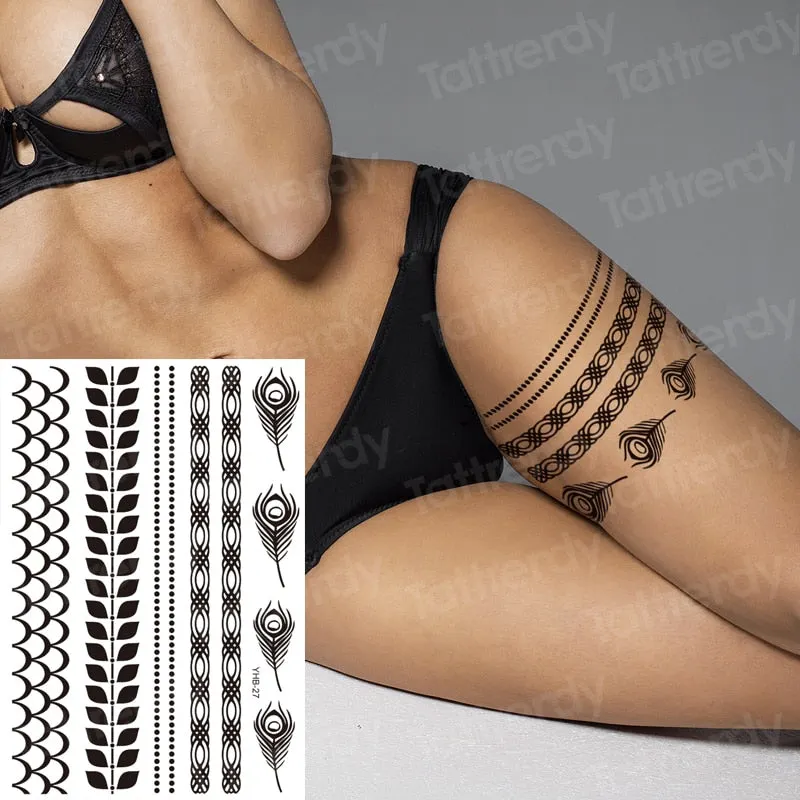 stockings tattoo legs black henna lace legging tatoo thigh hand rose flower jewelry stickers indian arabic water body decal
