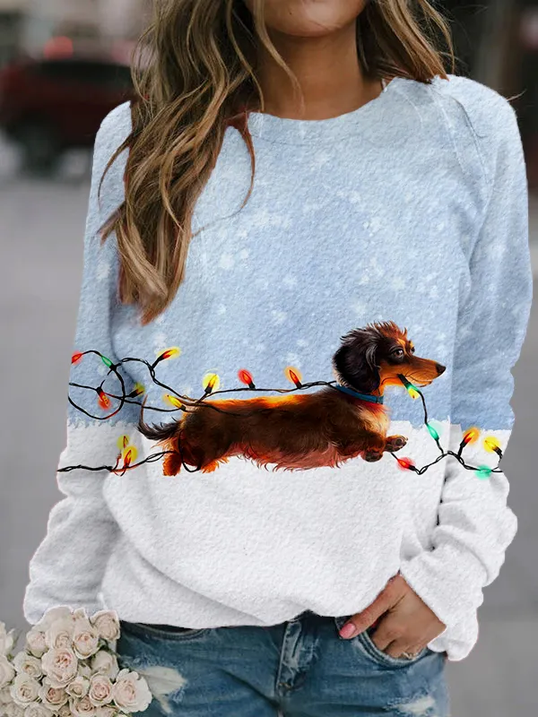 Dachshund Tangled In Lights Christmas Cozy Sweatshirt