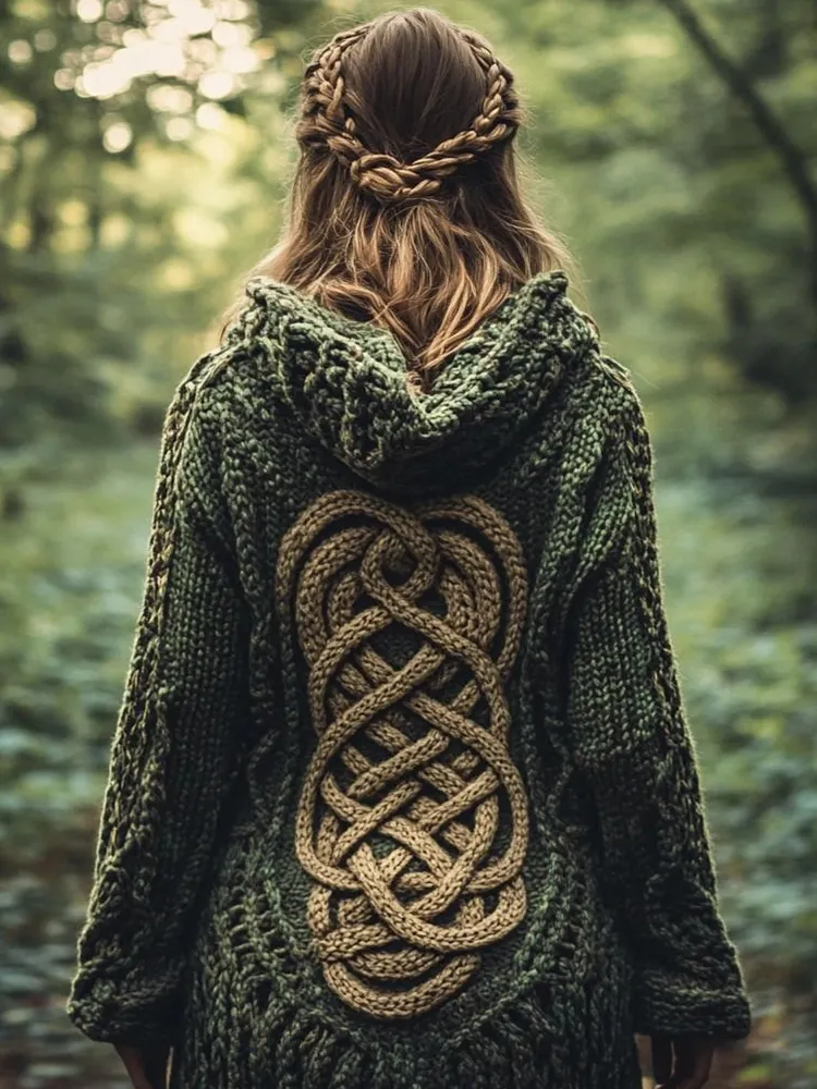 Women's Celtic Knot Contrast Color Chunky Knit Hooded Cardigan