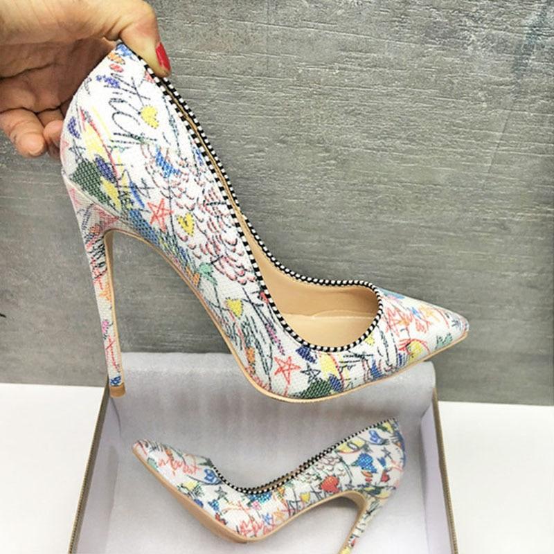 GOOSHOE Sandal Pumps Women 12cm High Heels Pointed Toe Shallow Print Dress Shoes Plus Size