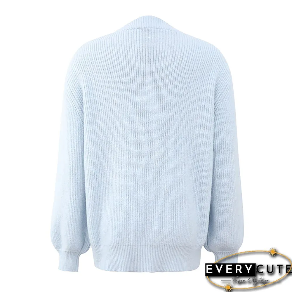 Light Blue Zipper-up Lantern Sleeve Sweater