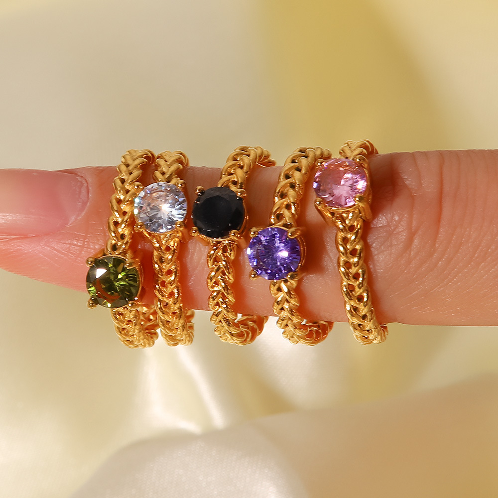 Elegant INS Women's 18K Gold-Plated Stainless Steel Zirconia Ring - Adjustable Weave Design