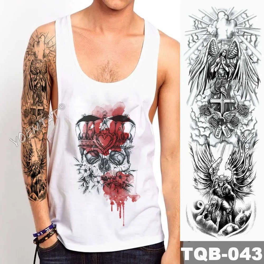 Large Arm Sleeve Tattoo Sketch Lion Tiger Waterproof Temporary Tattoo Sticker Crow Warrior Soldier Men Full Skull Totem Tattoo