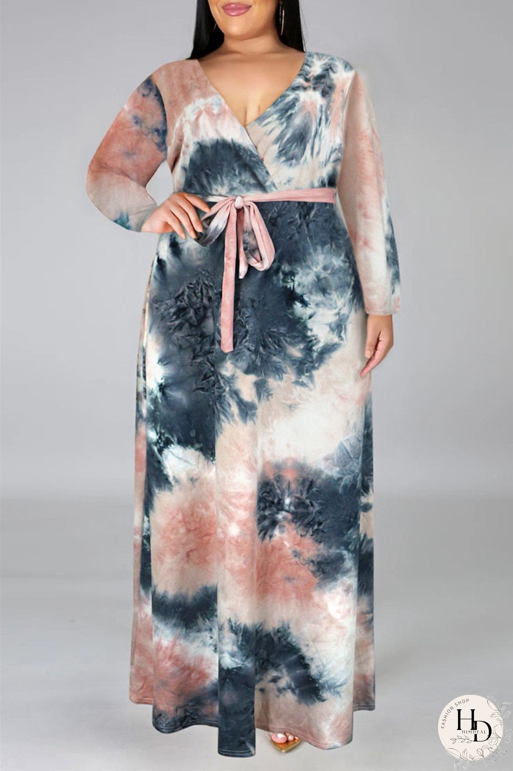 Colour Fashion Casual Print Tie-dye V Neck Long Sleeve Plus Size Dress