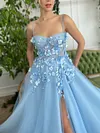 Sky Blossom Baby Light Pale Blue Prom Dress 3D Flowers Floral Applique Thin Spaghetti Strap Tulle A Line High Leg Split Formal Sweetheart