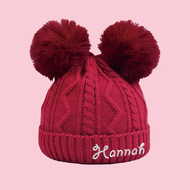 Personalized Embroidered Detachable Pom Pom Hat with Custom Name &ndash; Cozy Winter Beanie for Kids & Adults
