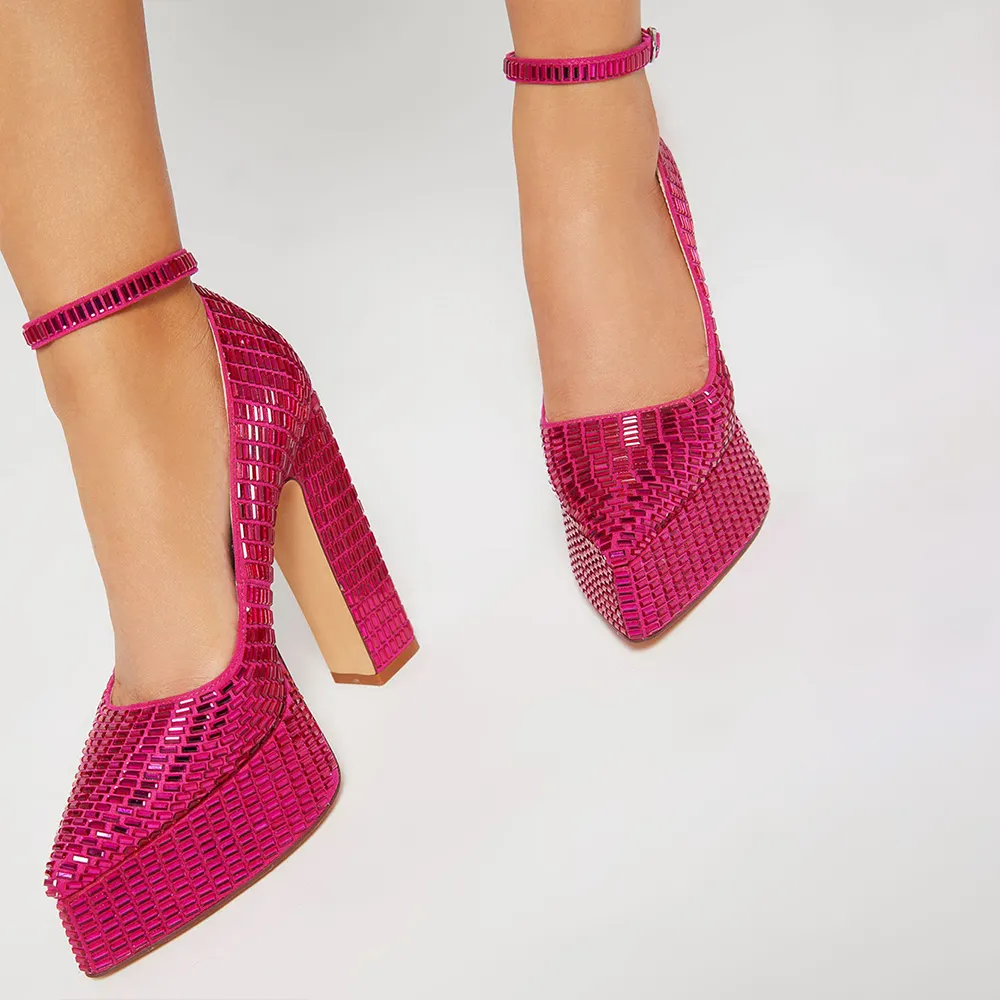 Pink Pointed Toe Chunky Heel Ankle Strap Platform Pumps with Platform