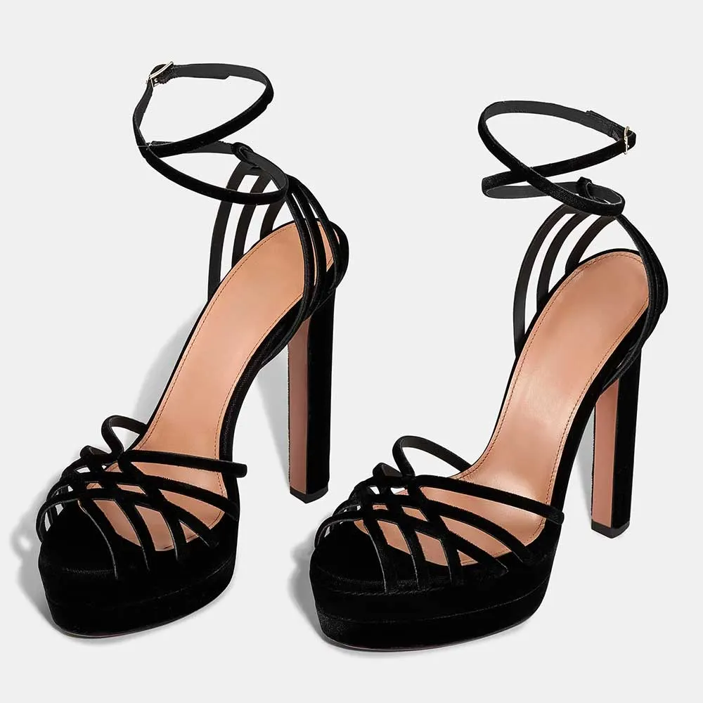 Peep Toe Chunky Heel Cross Ankle Strap Cage Black Platform Sandals