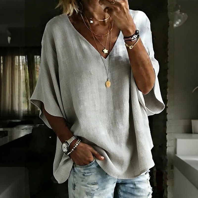 Comstylish Women's Solid Color V-neck Linen Blend Loose T-shirt