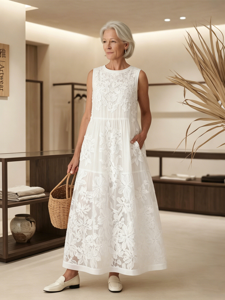 Elegant Floral Lace Embroidery Art Sleeveless Linen Maxi Dress