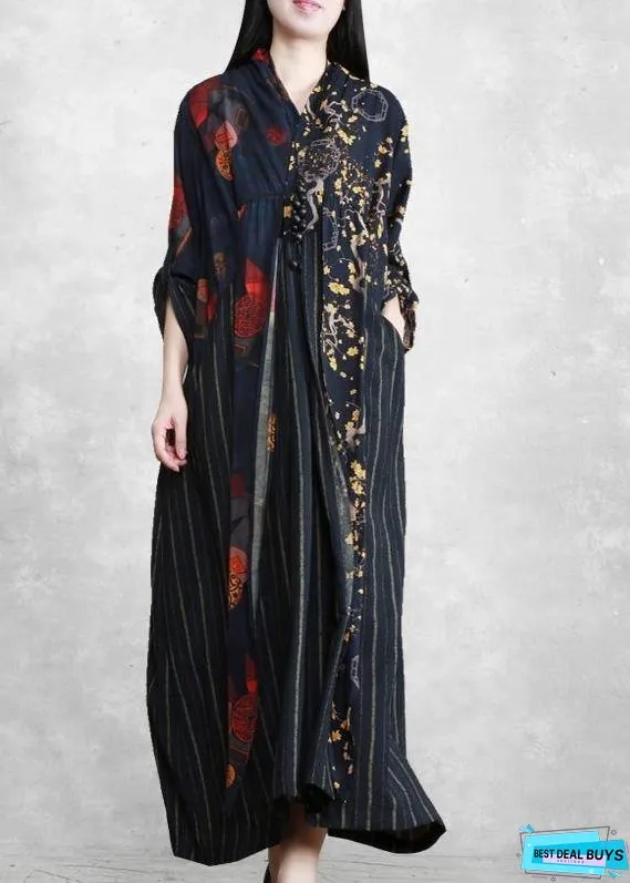 Simple Black Print Dresses Patchwork Vestidos De Lino Dress ( Limited Stock)