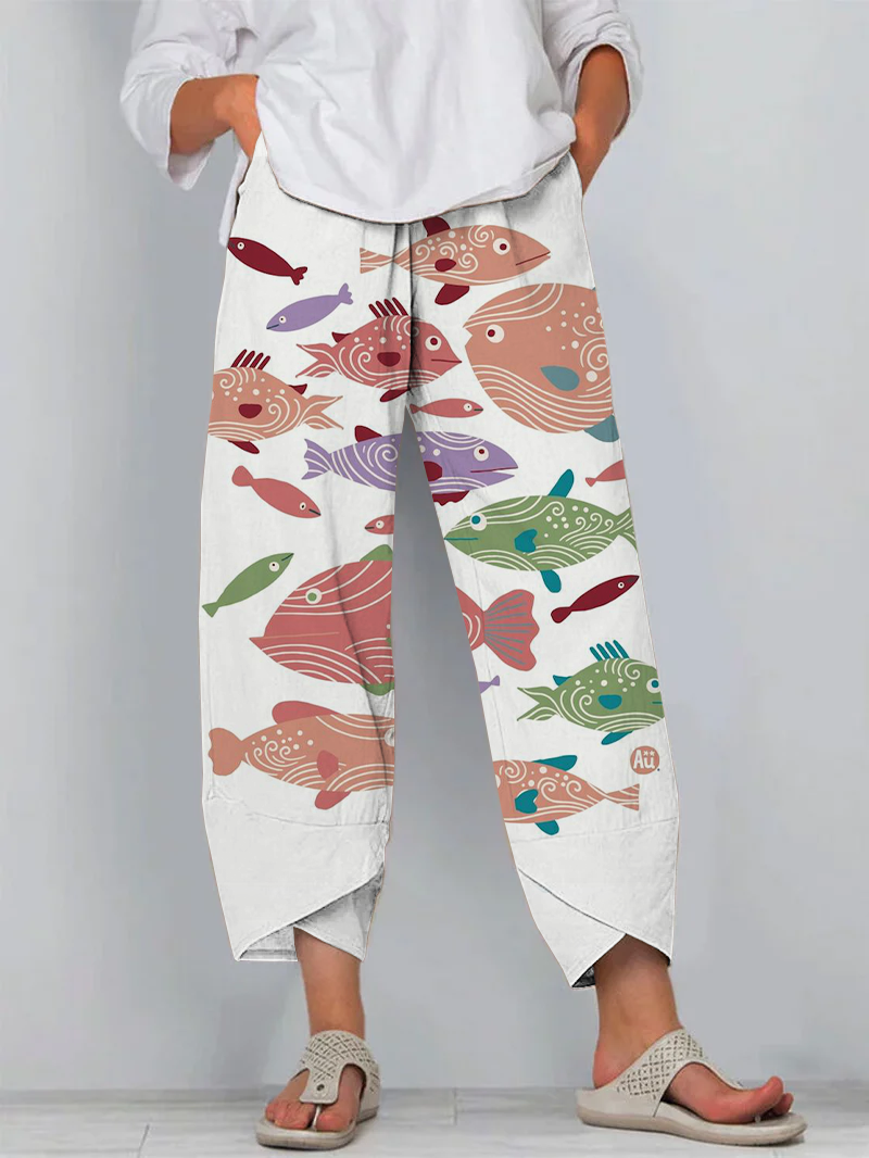 Casual Ocean Fish Art Print Cropped Pants