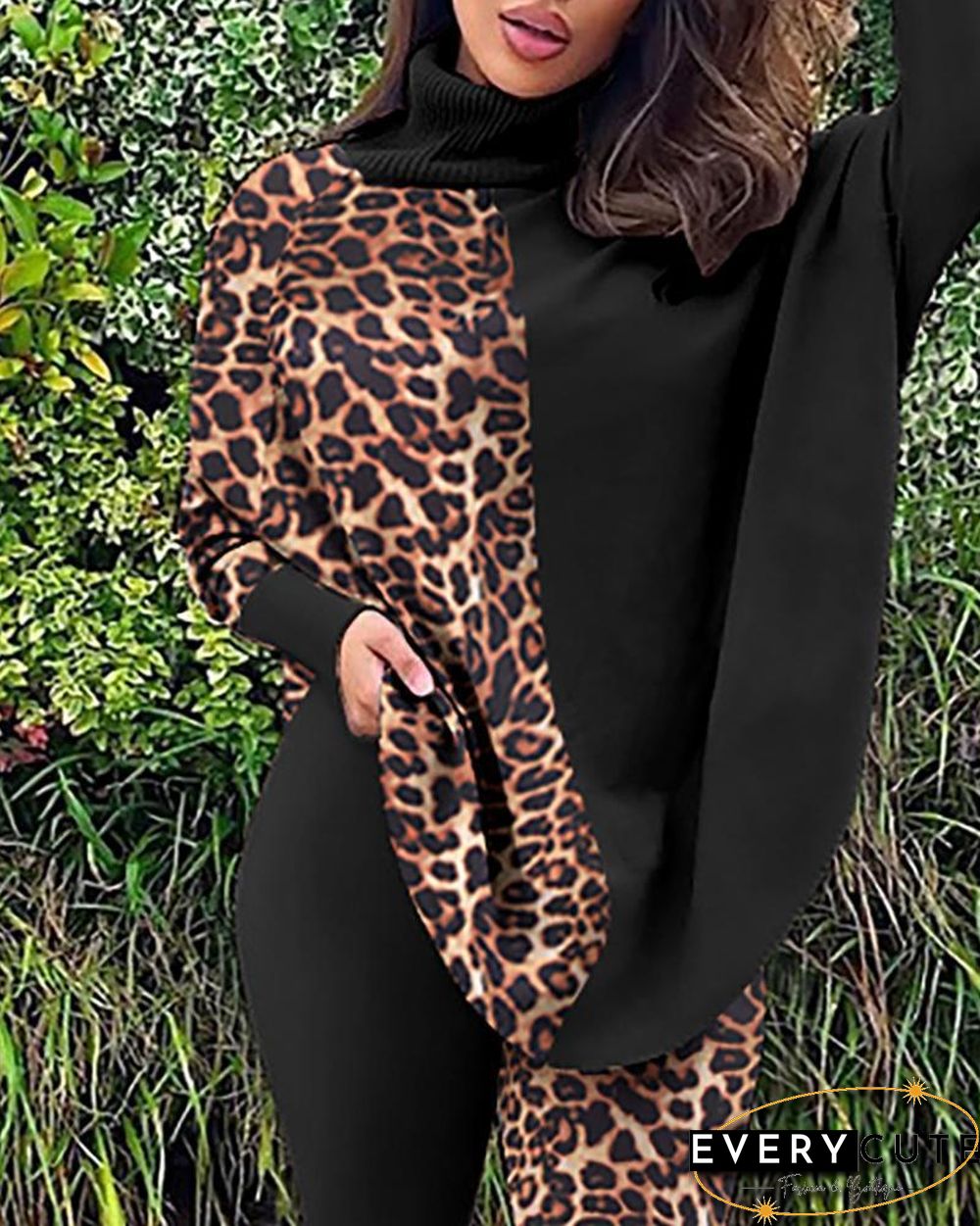 Leopard Print Batwing Sleeve Top & Skinny Pants Set P13124