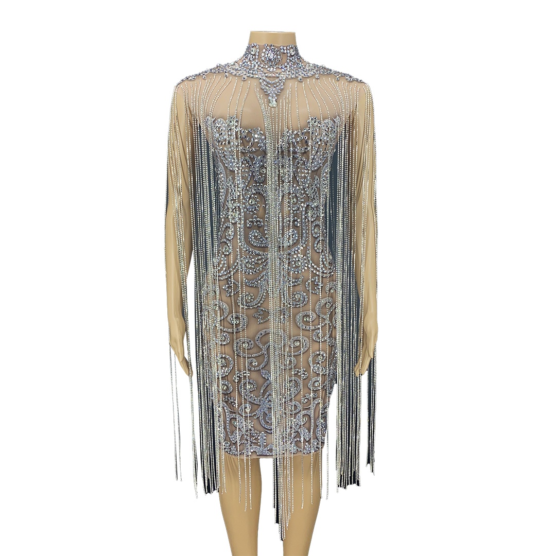 GOOSHOE Crystals Chains Transparent Long Sleeves Dresses Prom Dress Celebrate Rhinestones Costumes