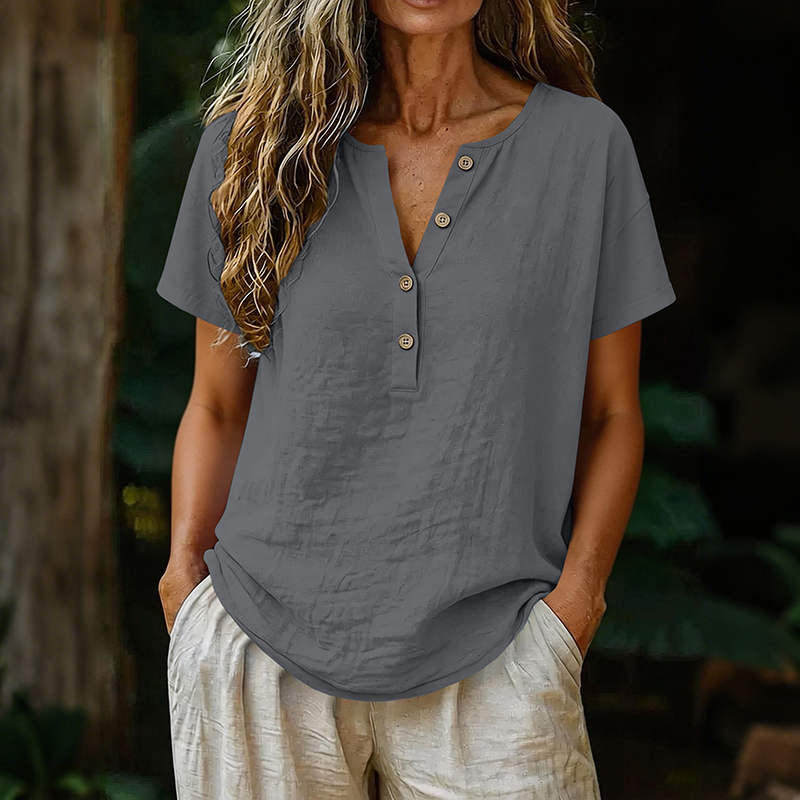 Comstylish Solid Color Linen Short-sleeved Half-front Button-up Shirt