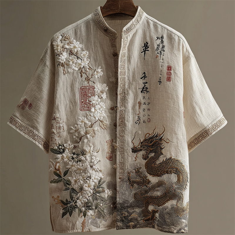 Dragon & White Flowers Japanese Calligraphy Art Linen Shirt elevenforest