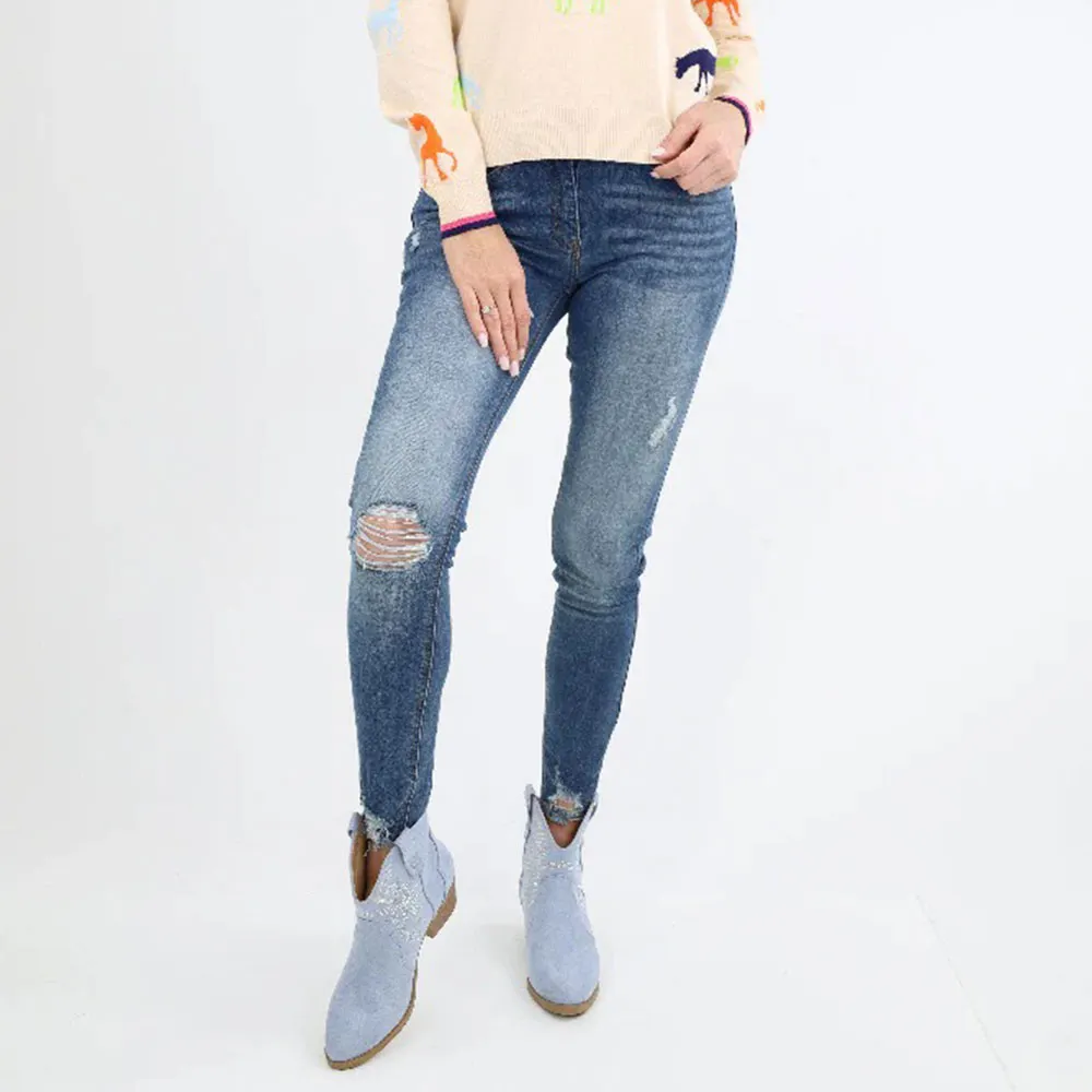Light Blue Block Heel Rhinestone Women's Western Boots with Closed Toe