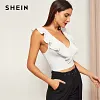 SHEIN Night Out Highstreet Beige Deep V Neck Layered Ruffle Trim Crop Tank Top Women Autumn Night Out Casual Tank Vests