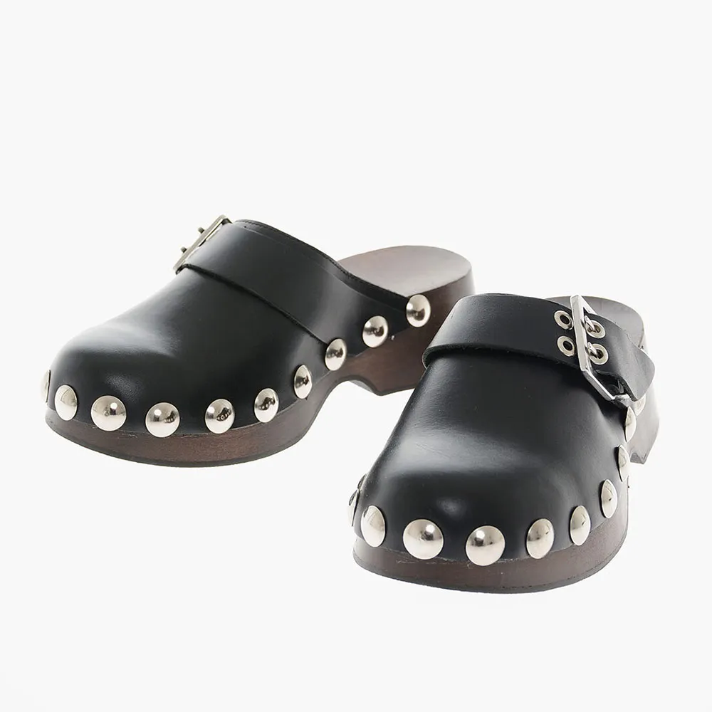 Black Faux Leather Round Toe Platform Studded Mule Heels with Buckle