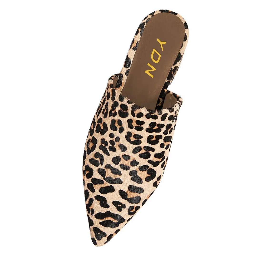 Black & Brown Pointed Toe Chunky Heel Leopard Print Mules Shoes