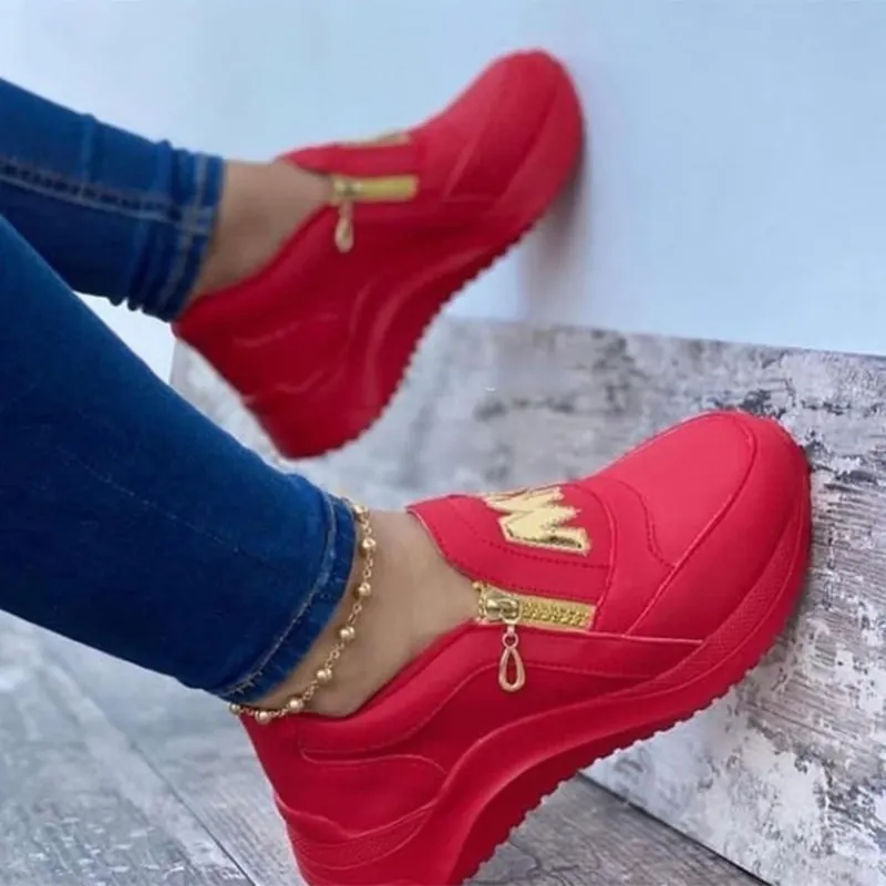 Qengg New Women Sneakers Slip on Zipper Thick Bottom Solid Color Vulcanized Shoes Casual Wedge Walking Flats Zapatillas De Mujer