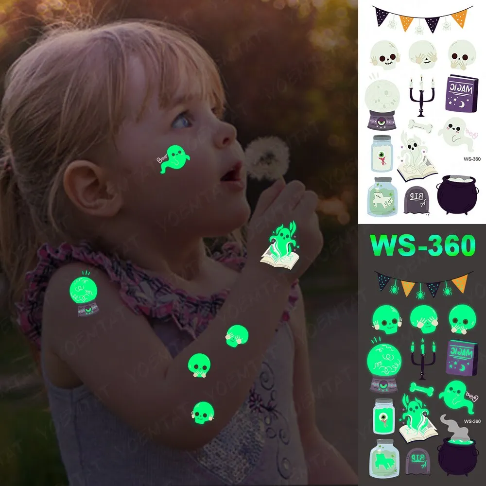 Sdrawing Temporary Luminous Tattoo Sticker Waterproof Pumpkin Skull Tatoo Arm Glowing Tattoos On Child Halloween Party Decor