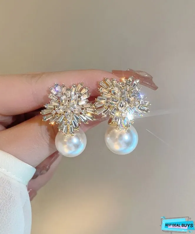 Stylish White Alloy Pearl Zircon Floral Stud Earrings