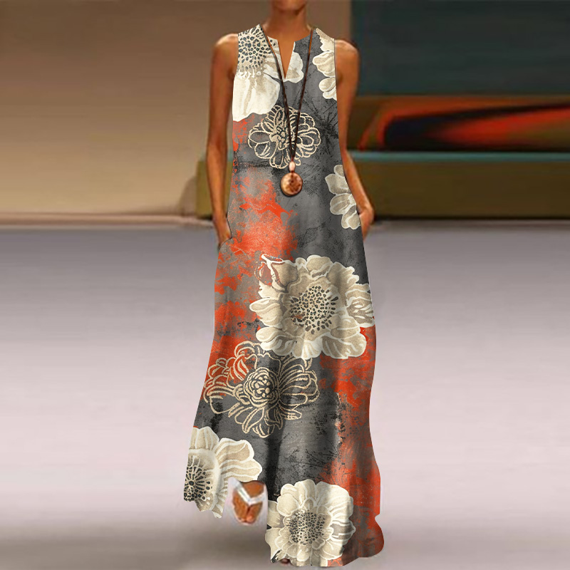 Japanese Art Flower Print V-Neck Sleeveless Maxi Dress artswardrobe