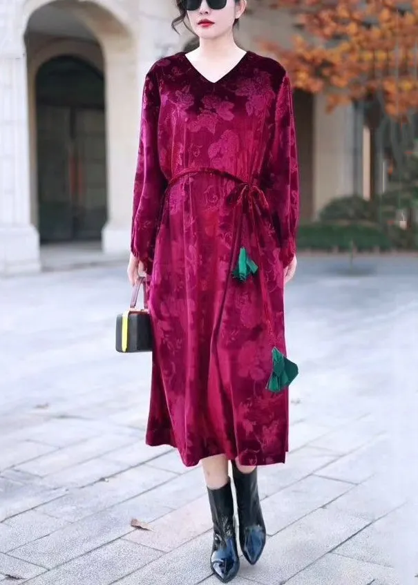 Italian Wine Red V Neck Tie Waist Silk Velour Long Dresses Winter