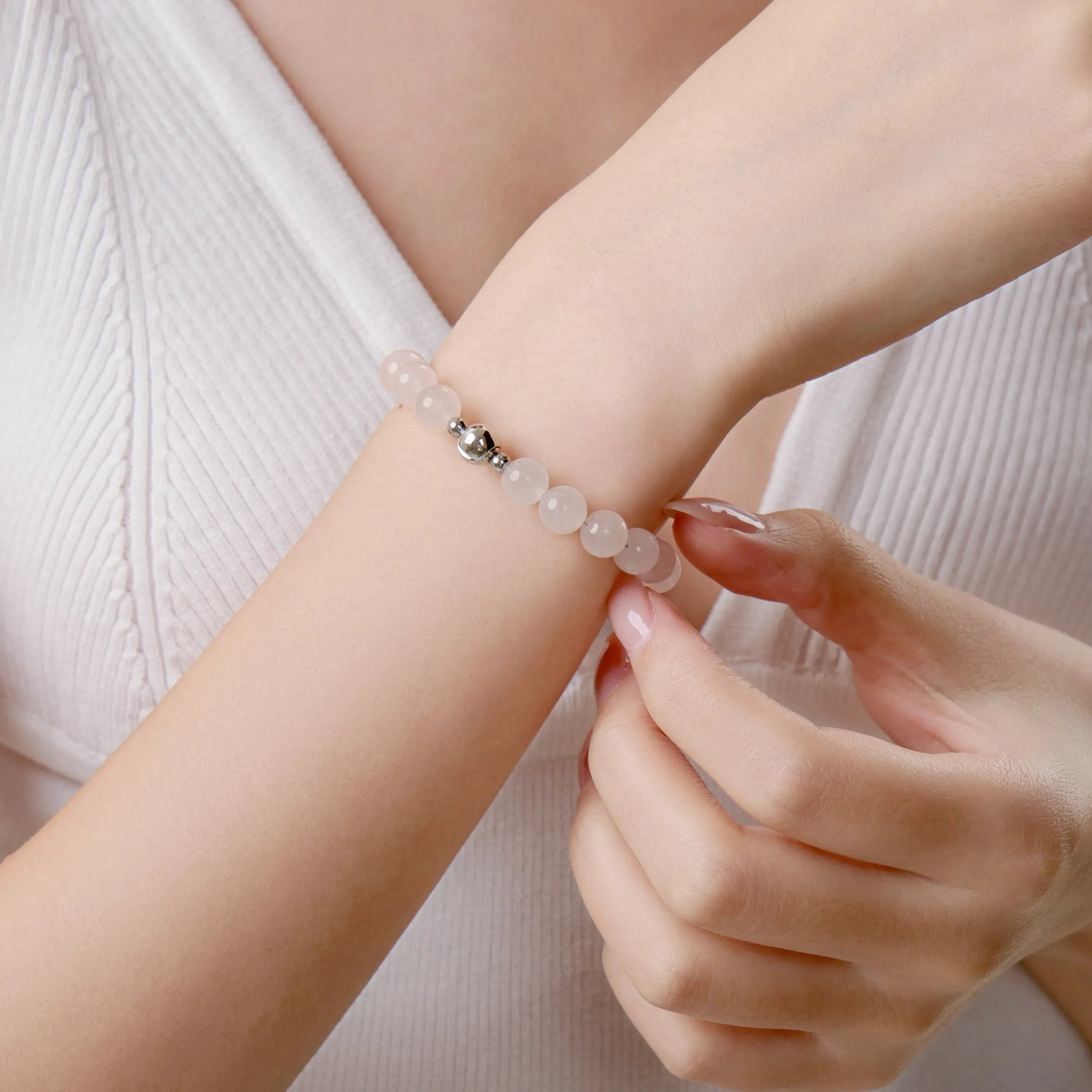 Rose Quartz Gradient Magnetic Clasp Bracelet (8mm) with magnetic clasp and natural gemstones, styling view