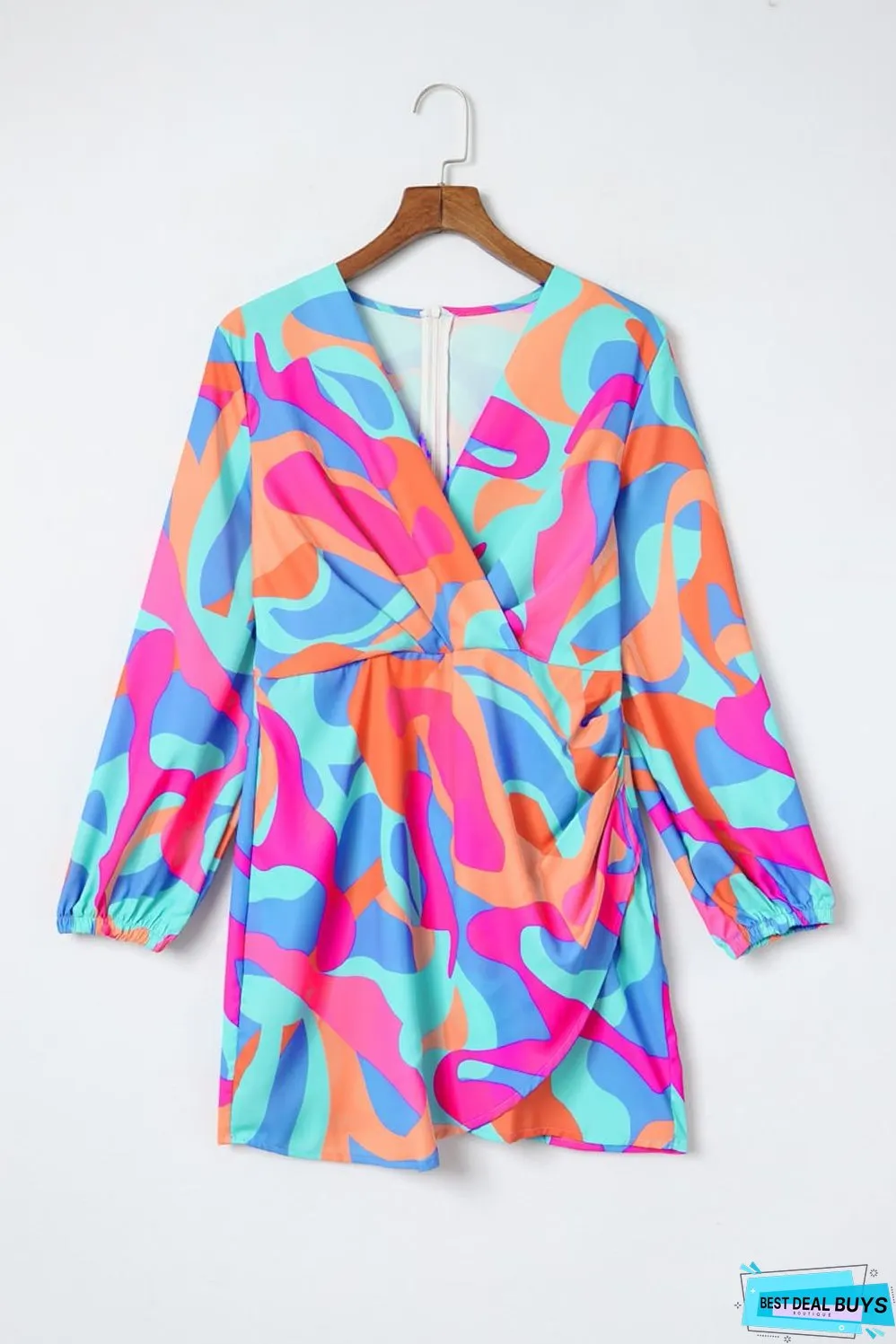 Abstract Wrap Puff Sleeve Dress
