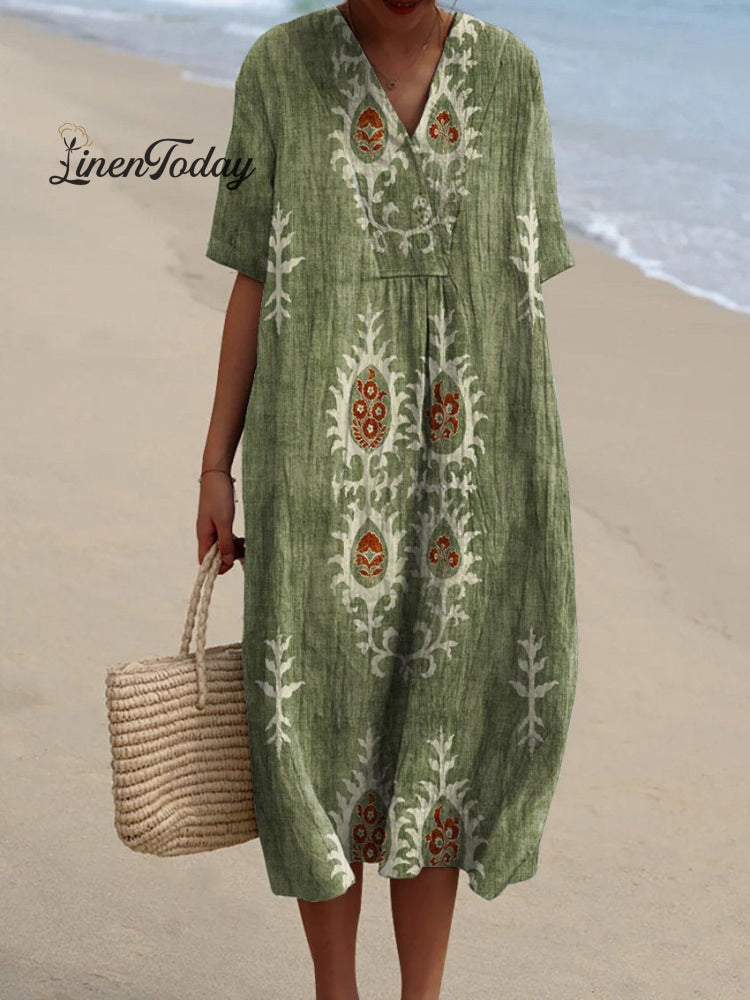 Women&rsquo;s Vintage Floral Ethnic Art Print Casual Flowy Dress Green / S