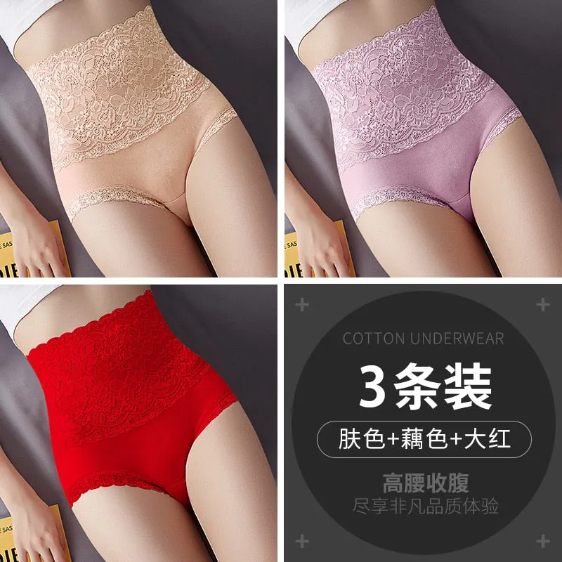 Women Lace Panties High Fit Cotton Panties High Waist Underwear Body Shaping Sexy Lingerie Slimming Tummy Control Pants 3Pcs