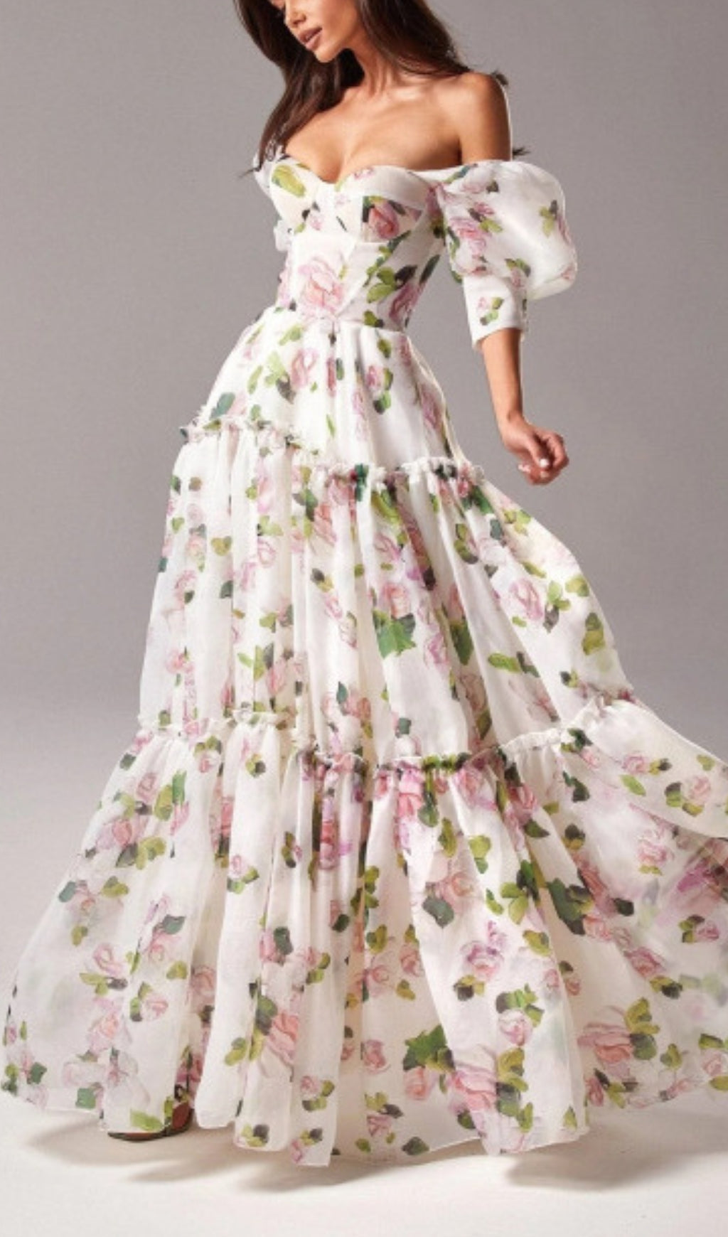 Off-The-Shoulder Floral Maxi Dress In White Flowering Girl