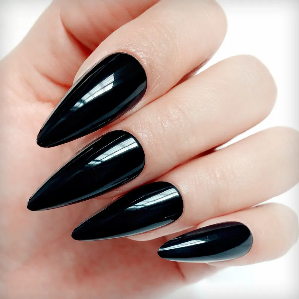 24Pcs Glossy Black Long Stiletto Fake Nail Ballerina Coffin False Nails For Design DIY Full Cover Lady Finger Tips Manicure Tool-Nail Inspo
