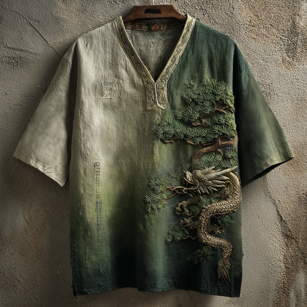 Vintage Dragon And Pine Tree Embroidery Art Linen Shirt