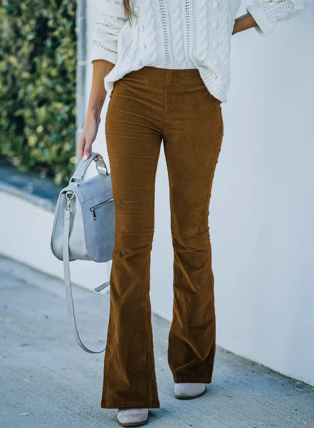 Brownm Color High Waist Slim-fit Flared Corduroy Elastic Pants