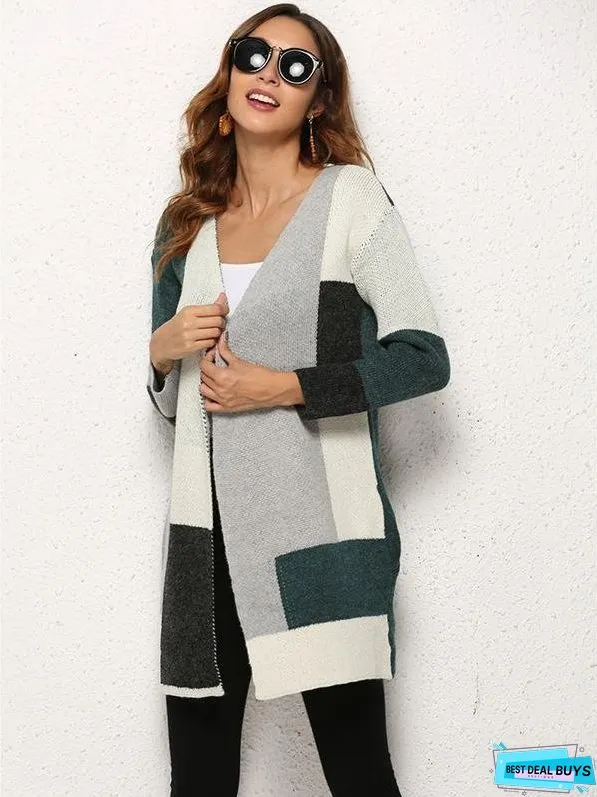 Color Matching Knitting Long Sleeves Cardigans Tops