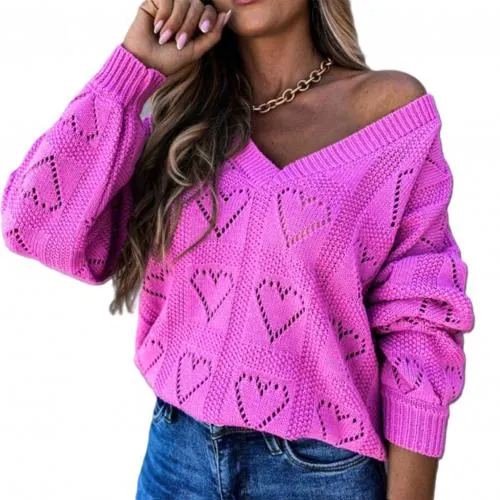 Winter Love Heart Hollow Crochet Sweater Loose V Neck Long Sleeve