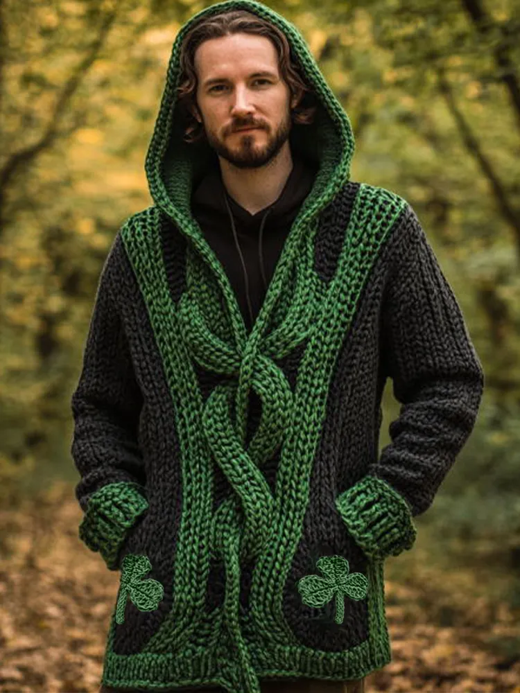Men's Shamrock Pattern Contrast Cozy Knit Hooded Cardigan