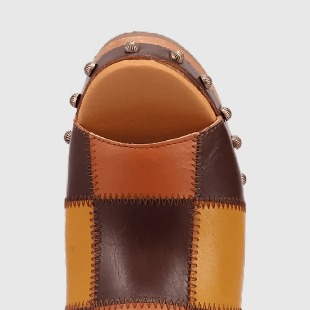 Multicolor Round Toe Stitching Studded Platform Color Block Mules