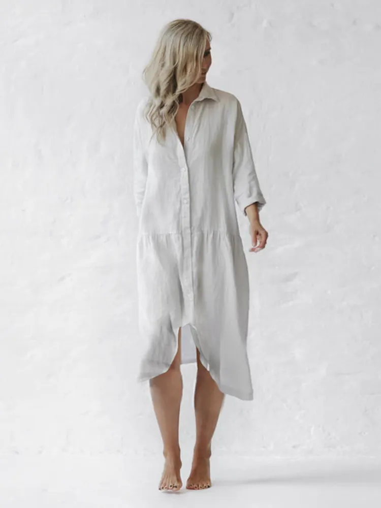 Oversize Notch Bottom Linen Shirt Dress