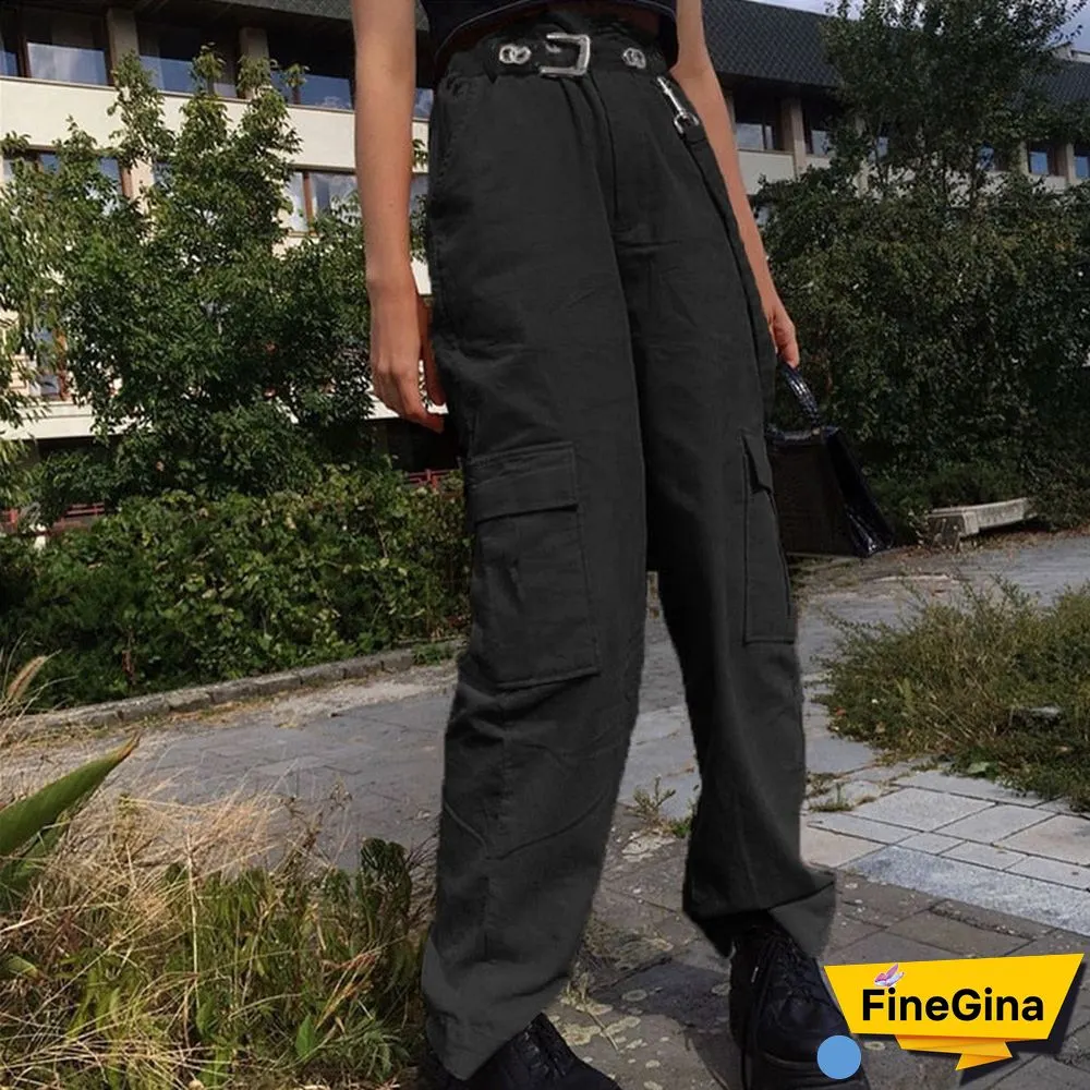 Weekeep Women Casual Pockets Patchwork Cargo Pants High Waist Straight Trousers Women Pants