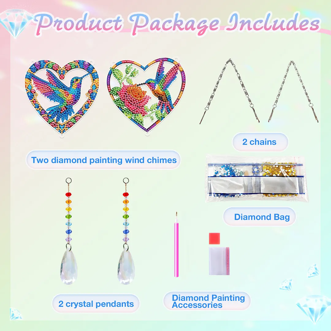 2Pcs Love Hummingbird DIY Acrylic Diamond Painting Art Wind Chimes with Crystal Pendant Diamond Art Hanging Pendant Double-Sided for Adults Beginners Gift Home Garden Decor
