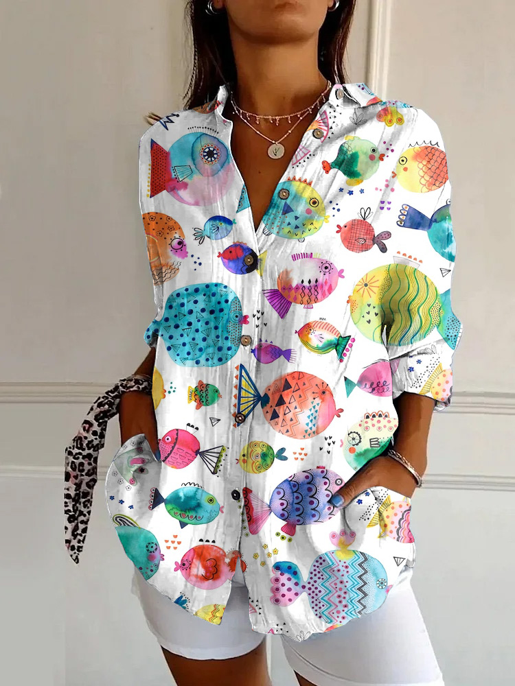 Vintage Ocean Cute Pufferfish Art Print Long Sleeve Shirt